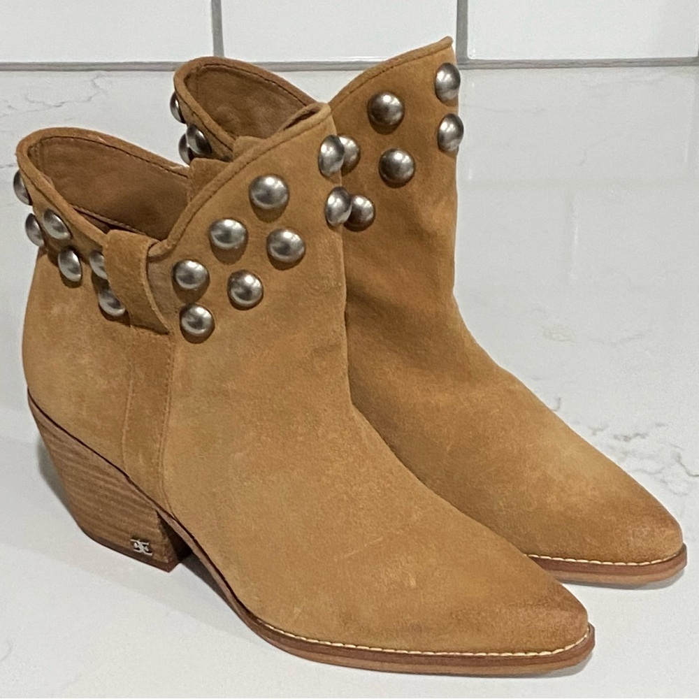 Sam Edelman Wildie Camel Suede Stud Pointed Toe Ankle Boots Women’s Size 5.5 New